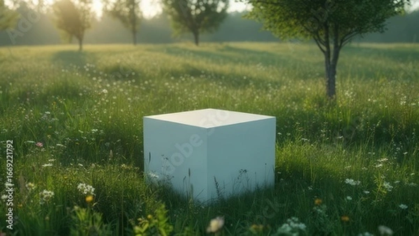 Fototapeta White cube in a meadow at dawn