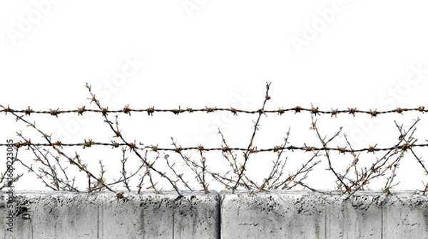 Obraz Barbed Wire Entangled With Dry Branches On A Concrete Wall Against Transparent Background, PNG