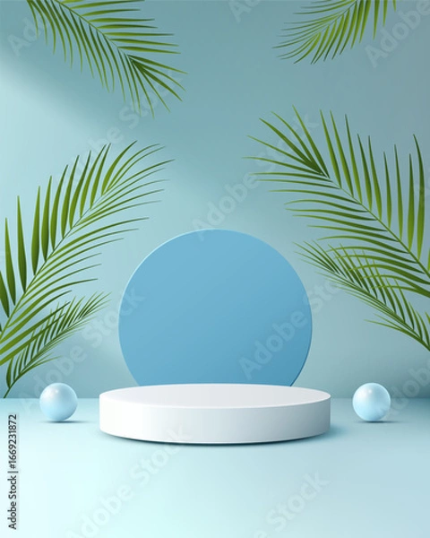 Fototapeta tropical 3d background with white podium blue circle backdrop green palm leaves product display mockup scene for branding showcase summer exhibition cosmetic presentation design