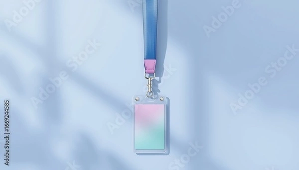 Fototapeta Modern vertical ID card mockup with pastel colors and a purple lanyard for elegant branding displays