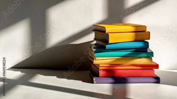 Fototapeta Colorful book stack under window light
