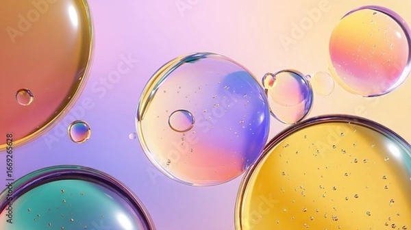 Fototapeta A close-up macro shot of a colored circular glass plate with oil and blisters on a pastel background, and a colored petri dish with liquid inside.