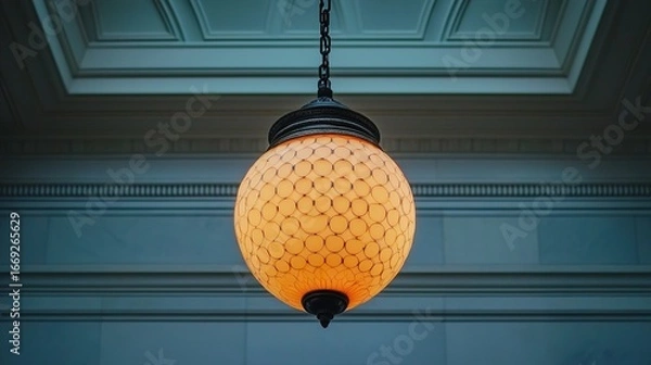 Fototapeta A decorative hanging lamp with a round shape, featuring a honeycomb pattern and warm orange glow, suspended from an ornate ceiling.
