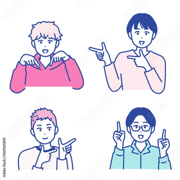 Fototapeta 色々な方向を指差す若い男性のイラスト素材