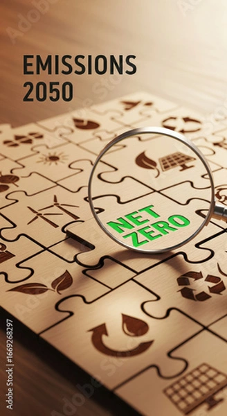 Fototapeta Net zero emissions 2050 concept with magnifying glass highlighting green text on wooden puzzle pieces, featuring sustainability and renewable energy icons, symbolizing environmental goals