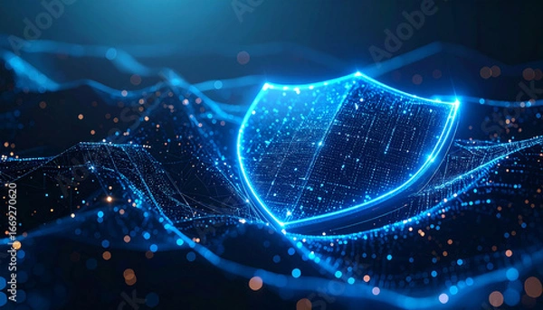 Fototapeta Cybersecurity Shield: A glowing, digital shield, representing robust protection and secure defense, floats amidst a dynamic network of interconnected data points.