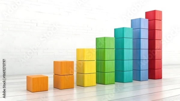 Fototapeta Colorful Stacked Blocks Forming Bar Graph with Upward Trend on White Brick Wall and Wooden Floor cube