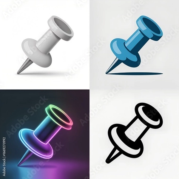 Fototapeta Four Different Styles of Pushpins: White, Blue, Neon, and Black and White