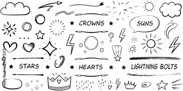 Fototapeta Doodle Elements Set With Words Hearts Stars Clouds Lightning Bolts And Suns hand drawn sketch