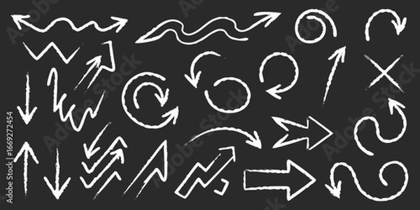 Fototapeta White Chalk Arrows and Symbols on Black Background Hand Drawn Style sketch