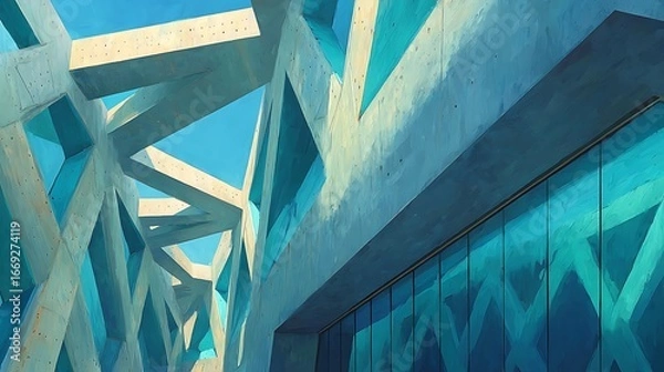 Fototapeta Abstract Geometric Concrete Architecture with Blue - Toned Minimalist Background for Copy Space