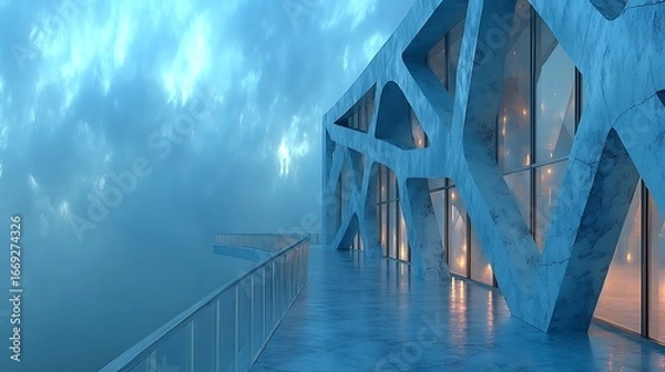 Fototapeta Modern Abstract Blue - Toned Architectural Balcony with Isolated Cloudy Background for Copy Space 