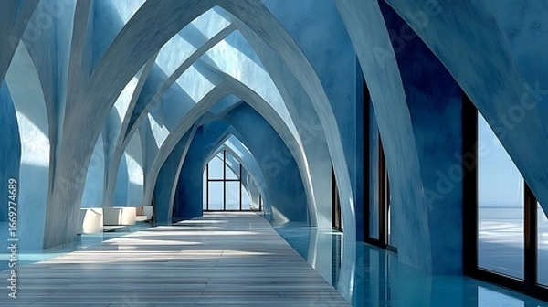 Fototapeta Blue - Toned Interior Space with Arched Architectural Elements, Minimalist Design for Copy Space