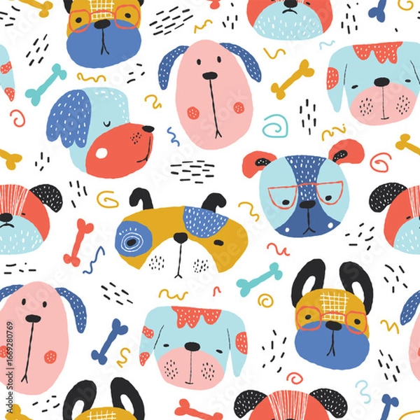 Fototapeta Seamless pattern featuring adorable dogs and bones in playful arrangements on a light background.