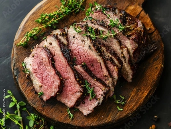 Fototapeta A rustic wooden board with sliced roast beef, garnished with fresh herbs