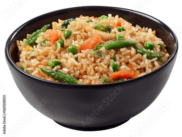 Obraz Brown Rice With Mixed Vegetables In A Black Bowl, PNG