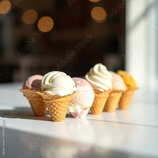 Fototapeta An extreme macro close-up of various ice cream pieces on a blue with generative ai