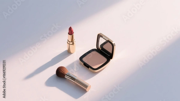 Obraz Luxury makeup set with lipstick, powder compact, and brush on a soft pastel background. Elegant cosmetic flat lay for beauty, fashion, skincare, and luxury lifestyle concepts.