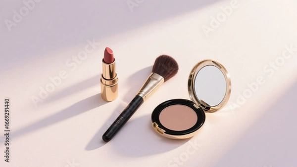 Obraz Luxury makeup set with lipstick, powder compact, and brush on a soft pastel background. Elegant cosmetic flat lay for beauty, fashion, skincare, and luxury lifestyle concepts.
