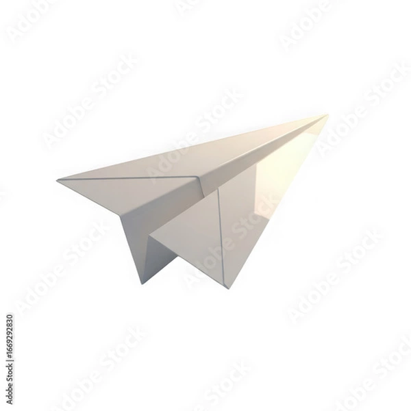 Fototapeta 3d icon of a simple white paper airplane in flight, casting a subtle shadow, isolated on transparent background