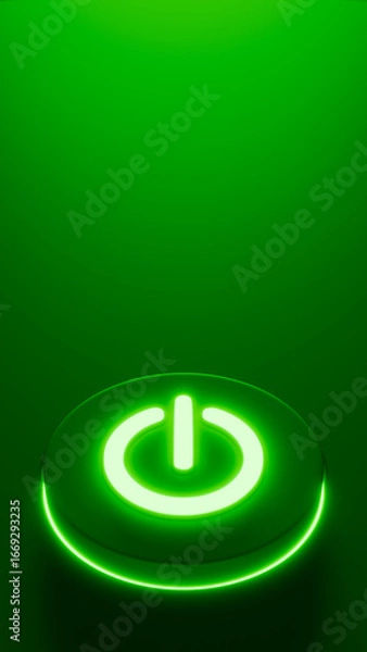 Fototapeta 3D illustration of a vertical image of a black power button in a stage with green illumination, startup and energy theme