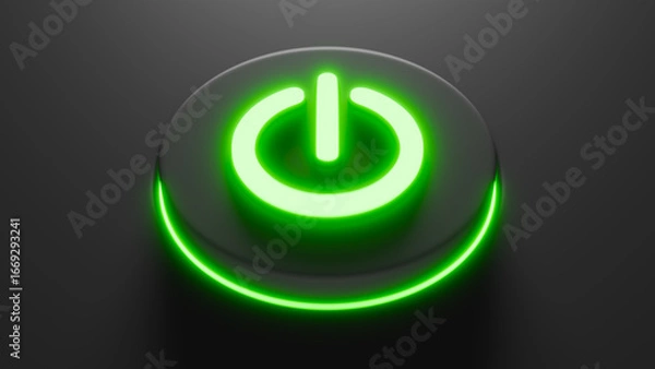 Fototapeta Horizontal image of a black button with green illumination shaped like a power icon, startup and energy theme, 3D illustration