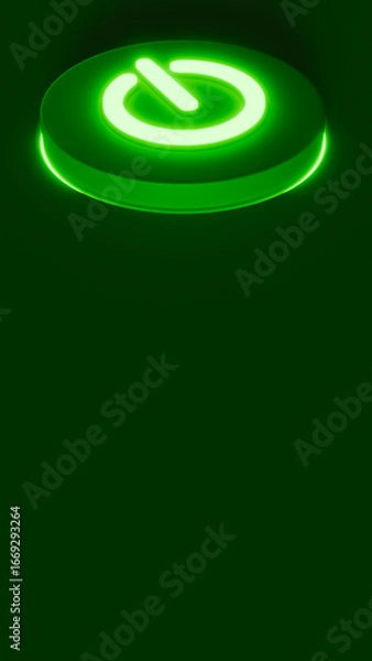 Fototapeta Dark green stage with illuminated power button, startup and energy theme, illustration 3D, vertical image