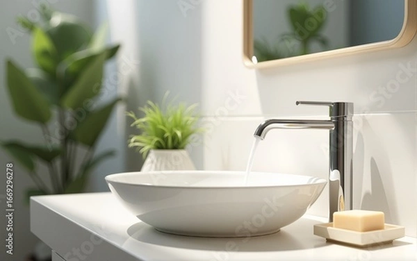 Fototapeta Serene Bathroom Oasis: A clean, minimalist bathroom scene showcases a modern ceramic sink with flowing water, a stylish faucet, and a touch of nature with a small plant and soap, all under a bright.