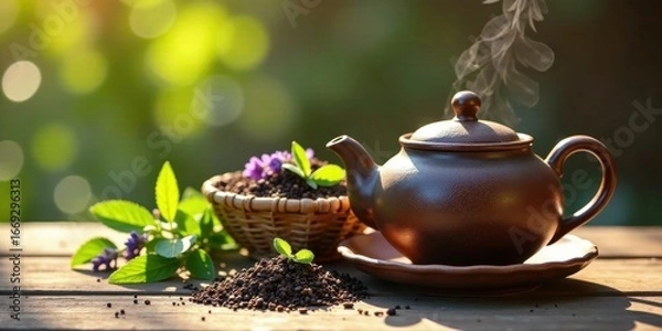 Fototapeta Aromatic Tea Brewing  Earthenware Teapot and Fresh Herbs on Rustic Wooden Surface