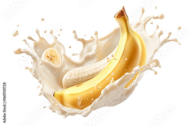 Obraz Ripe Banana And Banana Slices Splashing In White Cream On Transparent Background, PNG