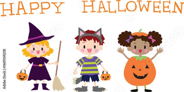 Fototapeta Illustration of cute kids with Halloween costumes and Happy Halloween text.  Vector Illustration.