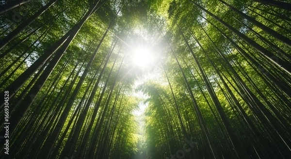 Fototapeta Bamboo stalks with sunlight streaming through forest, cinematic highlights and lush bokeh, inspirational nature photography symbolizing growth and sustainability