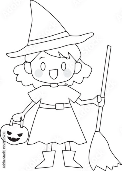 Fototapeta Line drawing of a cute girl with Halloween witch costume.  Vector Illustration.