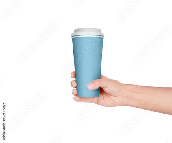 Fototapeta Human hand presenting a modern, eco-conscious light blue reusable travel mug with a white lid, promoting sustainable hydration and on-the-go convenience