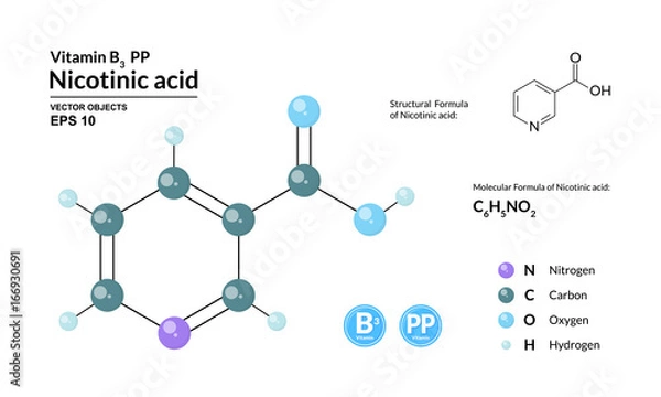 Fototapeta Structural chemical molecular formula and model of nicotinic acid. Atoms are represented as spheres with color coding isolated on background. 2d or 3d visualization and skeletal formula. Vector