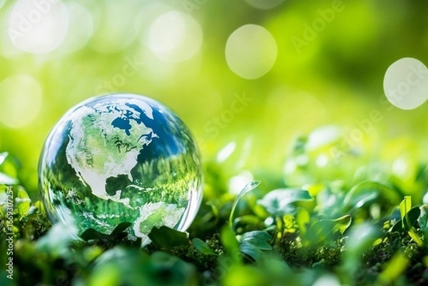 Fototapeta Crystal globe Earth rests on vibrant green foliage, sunlit bokeh background