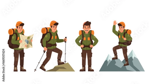 Obraz Flat illustration of hikers in various dynamic poses ready for outdoor adventure and mountain exploration
