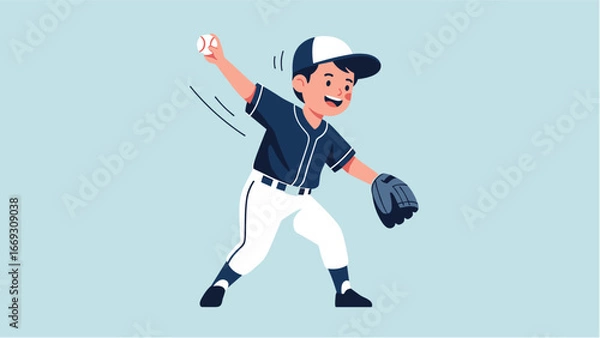 Obraz Flat illustration of Little Baseball Player Throwing a Ball Illustration