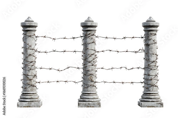Obraz Three weathered concrete pillars with rusty barbed wire on transparent background, PNG