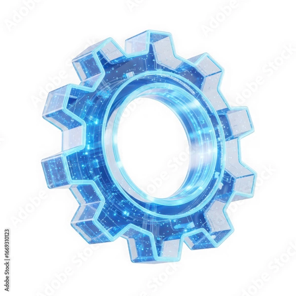 Fototapeta 3d icon of a futuristic blue glowing gear with a digital wireframe design, isolated on transparent background
