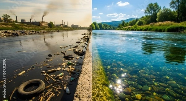 Fototapeta Split image showing a polluted river on the left with industrial waste and a clean, clear river on the right, illustrating environmental contrast