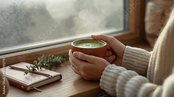 Obraz Cozy Moment with Matcha Tea by the Window