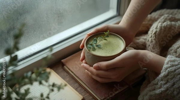 Obraz Warm Matcha Tea with Eucalyptus Garnish by the Window