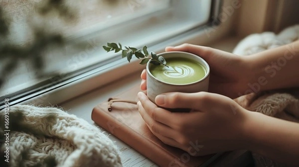 Obraz Matcha Latte with Leaf Garnish – Cozy Window Moment