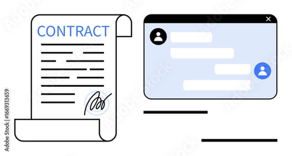 Fototapeta Contract document with signature beside a chat window for communication. Ideal for legal services, remote work, teamwork, agreement management, digital communication, business negotiation, simple