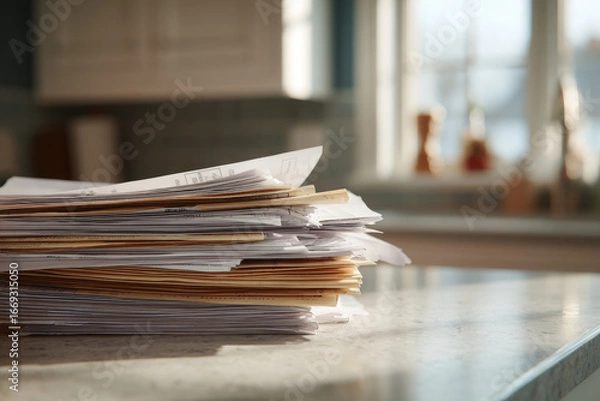 Fototapeta Stack of unpaid utility bills and documents creates feeling of household financial stress