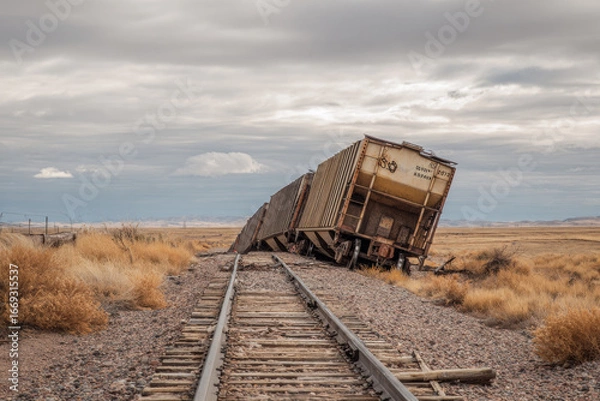 Fototapeta Train derailed on straight tracks in an open plain, causing dangerous accident