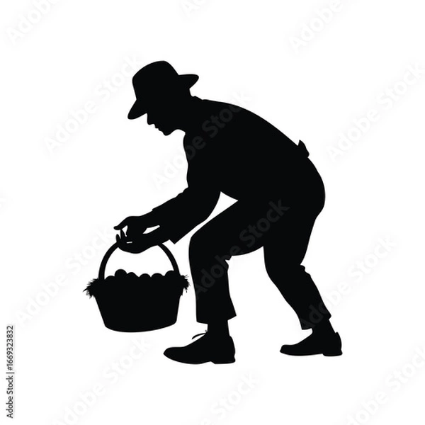 Fototapeta Silhouette of a farmer picking eggs from basket on a white background, farmer collecting eggs silhouette vector illustration
