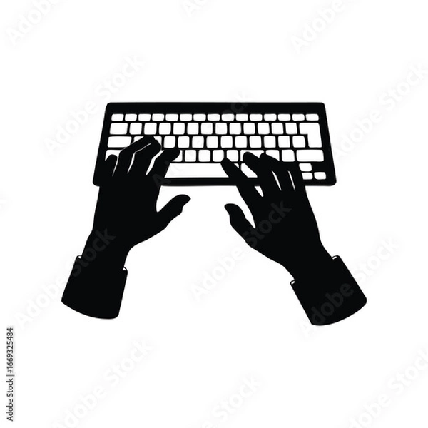 Fototapeta Silhouette of hands typing on a computer keyboard in black and white, hand typing keyboard silhouette vector illustration