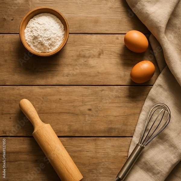 Fototapeta Rustic Baking Flat Lay with Flour, Eggs, and Whisk on Wooden Counter